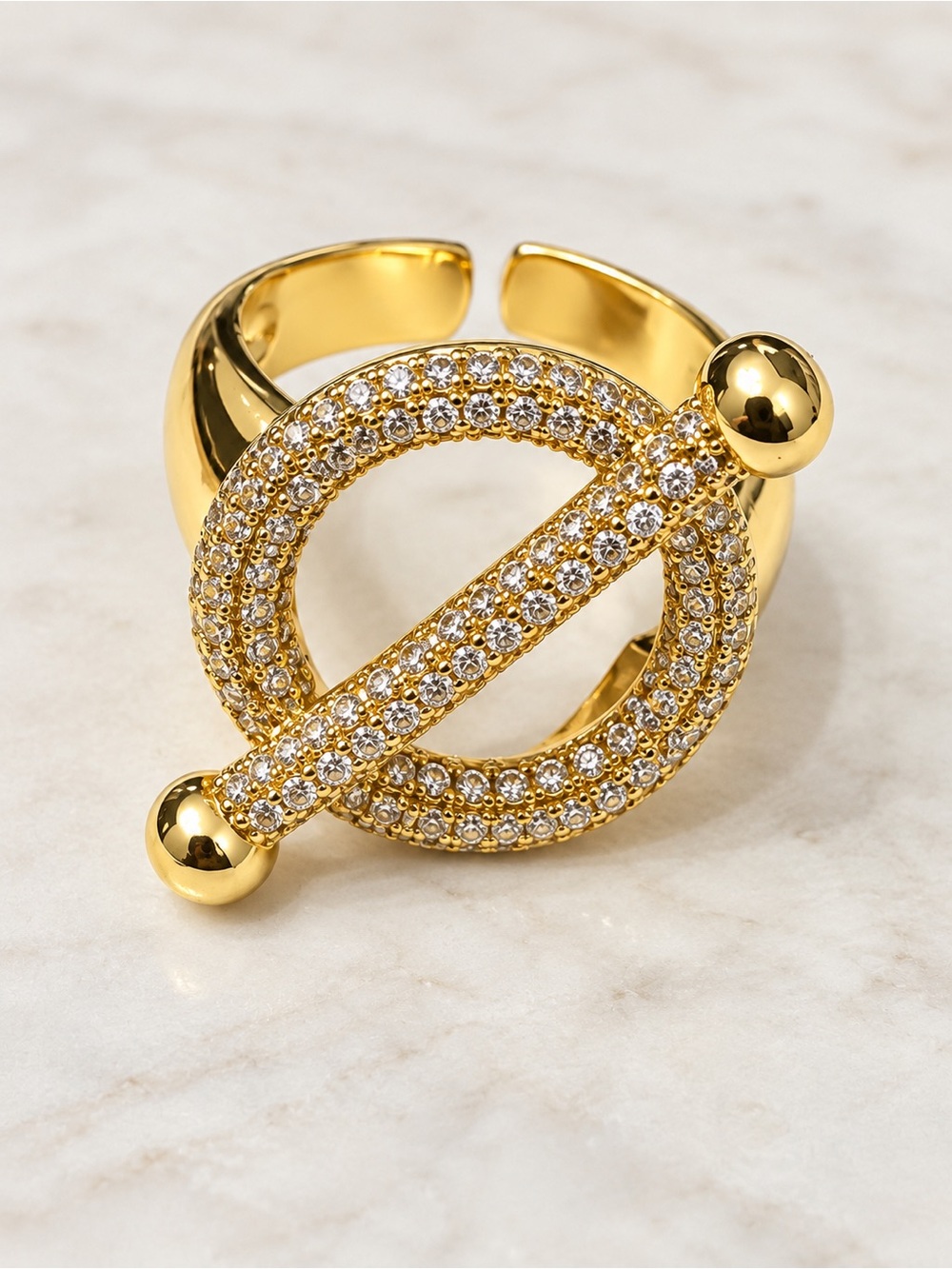 Gold Plated Crystal Circle Toggle Statement Ring adjustable